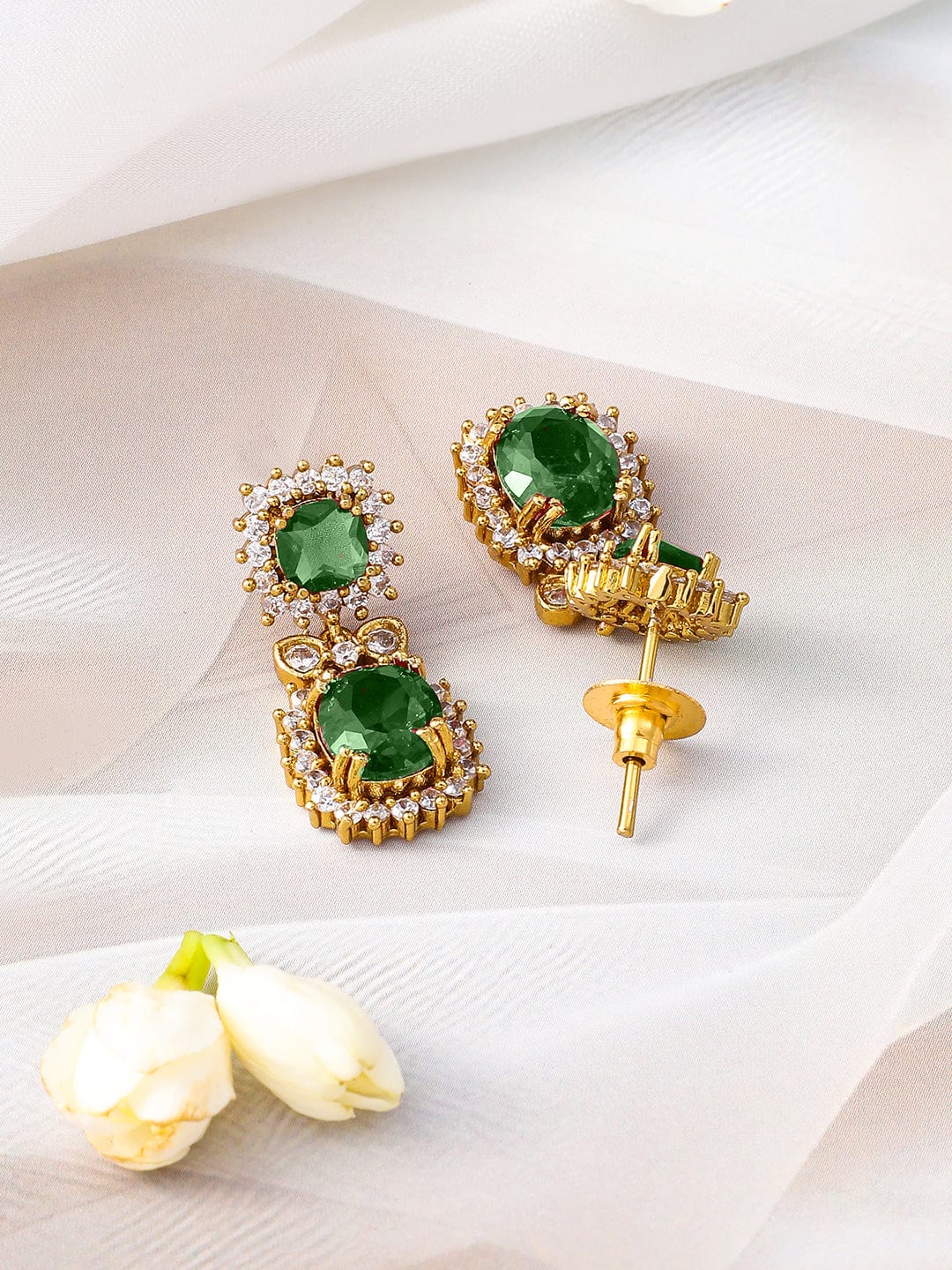 Rubans 22K Gold-Plated Emerald Green Stone & Sparkling Cubic Zirconia Studded Necklace Set