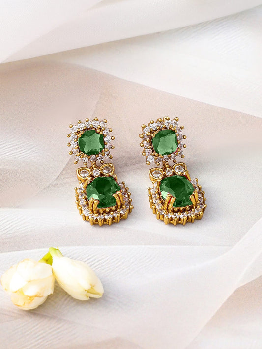 Rubans 22K Gold-Plated Emerald Green Stone & Sparkling Cubic Zirconia Studded Necklace Set