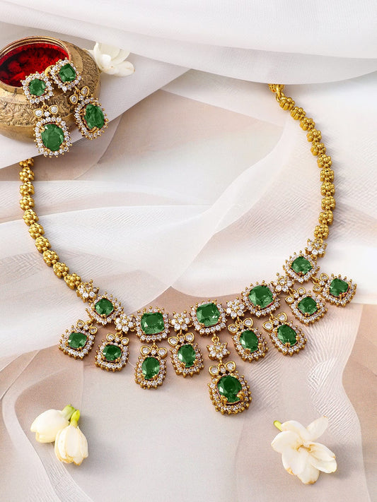 Rubans 22K Gold-Plated Emerald Green Stone & Sparkling Cubic Zirconia Studded Necklace Set