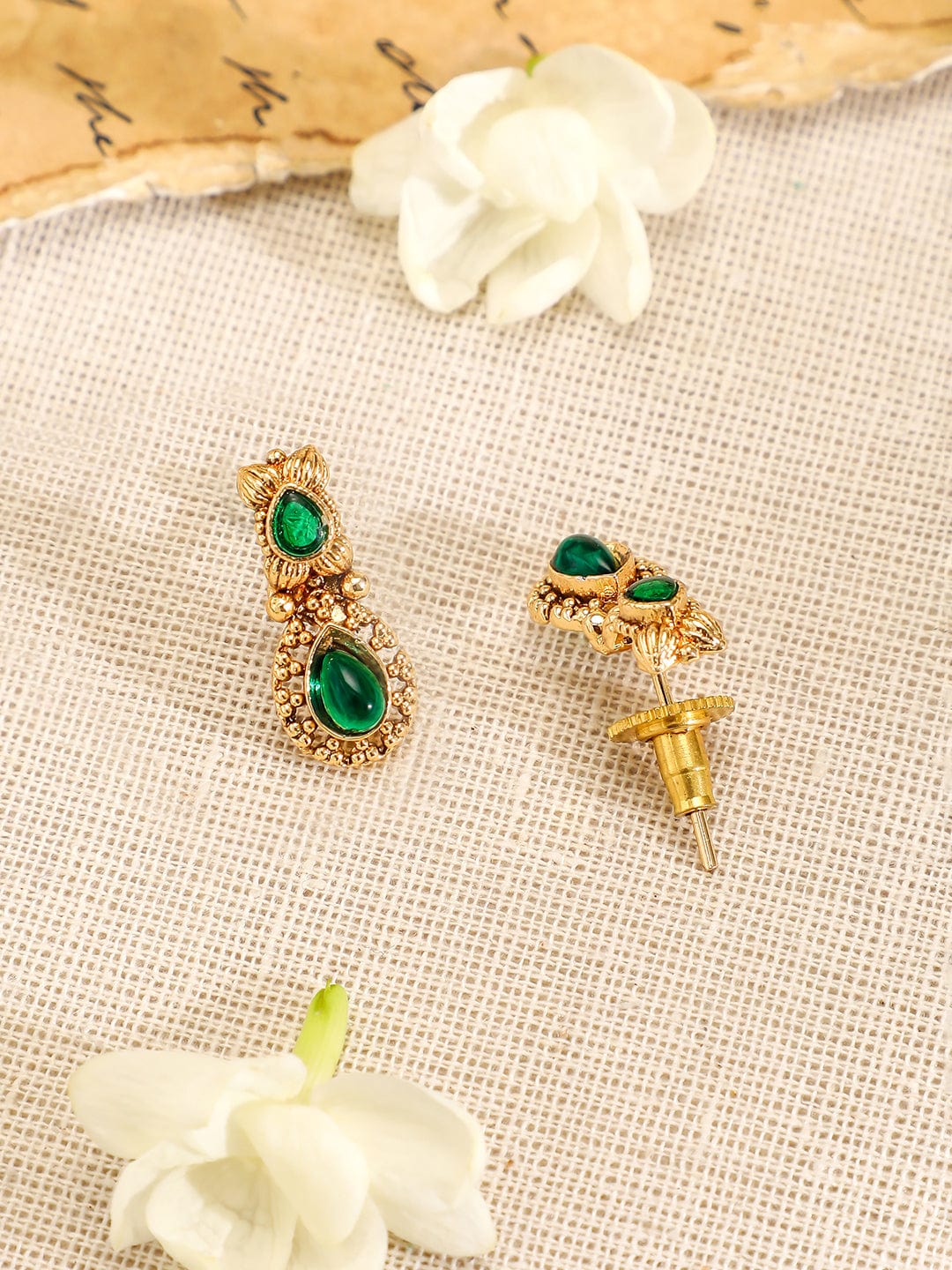 Rubans 22K Gold-Plated Emerald Green Stone Studded Antique Handcrafted Necklace Set
