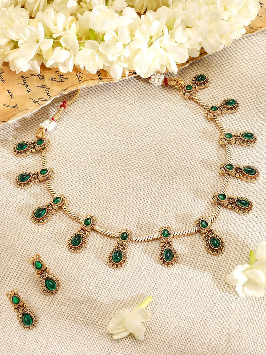 Rubans 22K Gold-Plated Emerald Green Stone Studded Antique Handcrafted Necklace Set