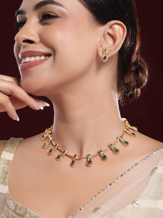 Rubans 22K Gold-Plated Emerald Green Stone Studded Antique Handcrafted Necklace Set