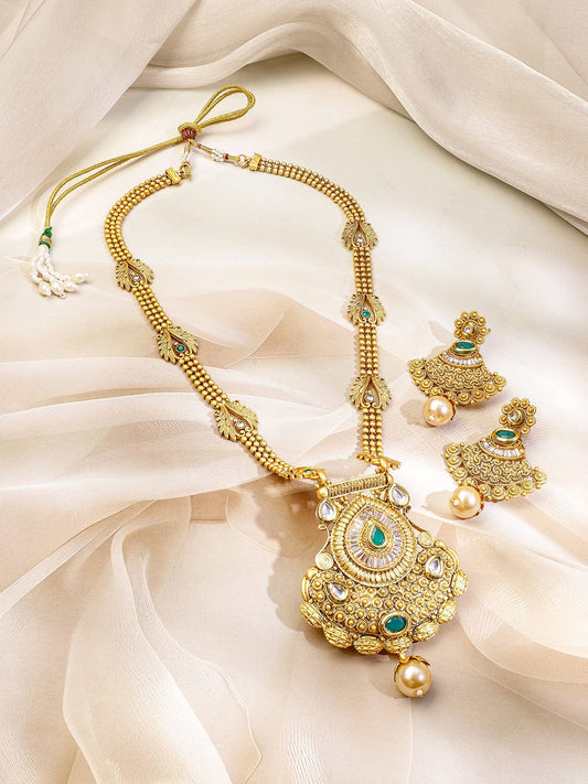 Rubans 22K Gold-Plated Emerald Green Stone Studded Traditional Temple Long Necklace Set for Women