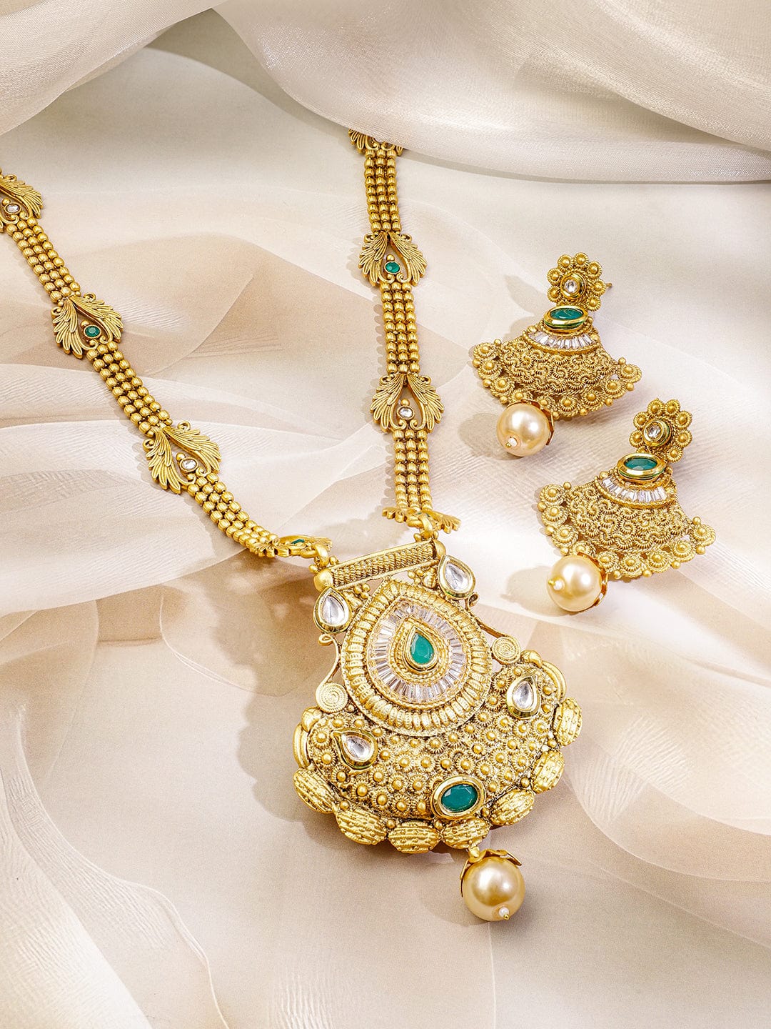 Rubans 22K Gold-Plated Emerald Green Stone Studded Traditional Temple Long Necklace Set for Women