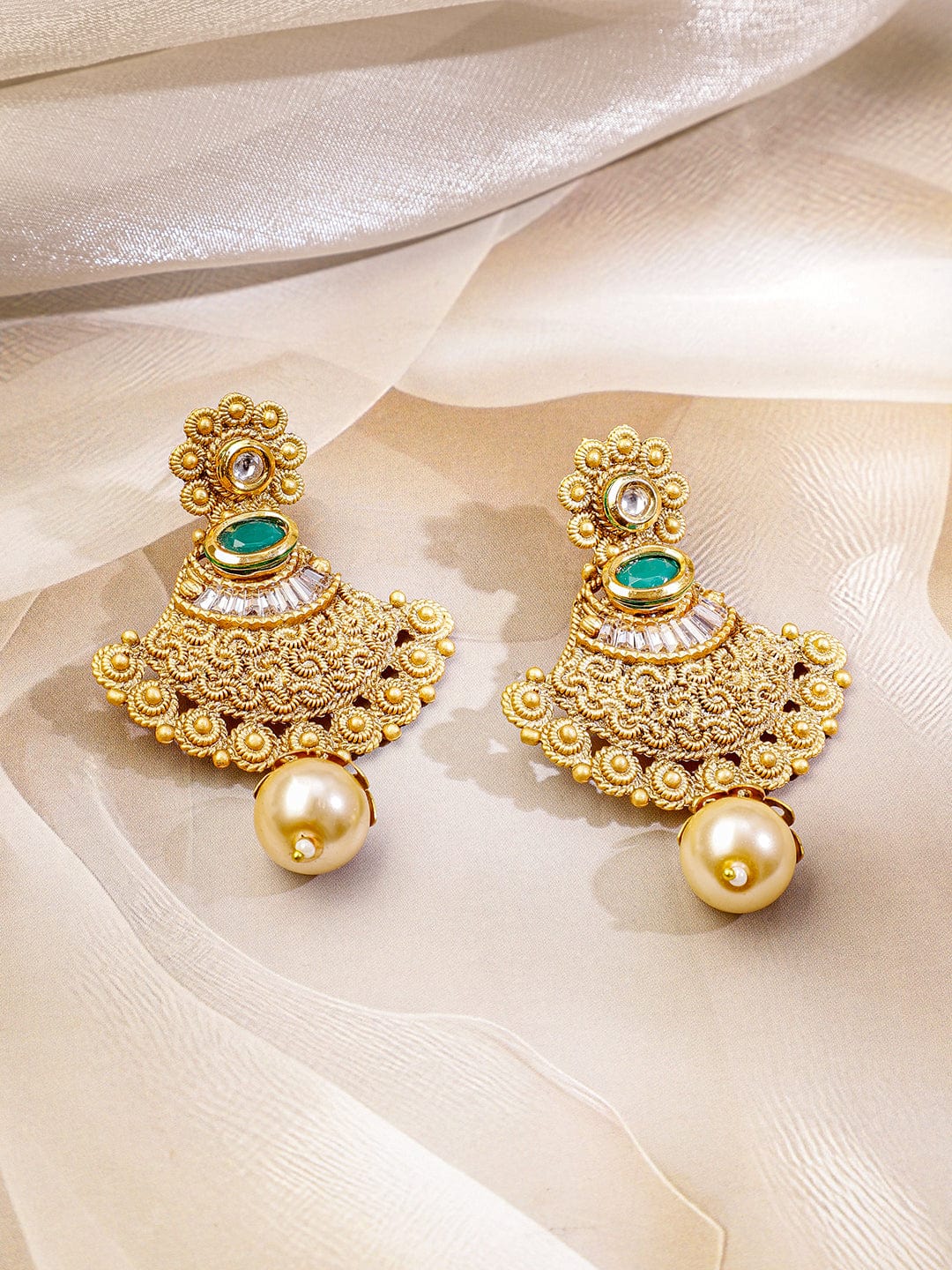 Rubans 22K Gold-Plated Emerald Green Stone Studded Traditional Temple Long Necklace Set for Women