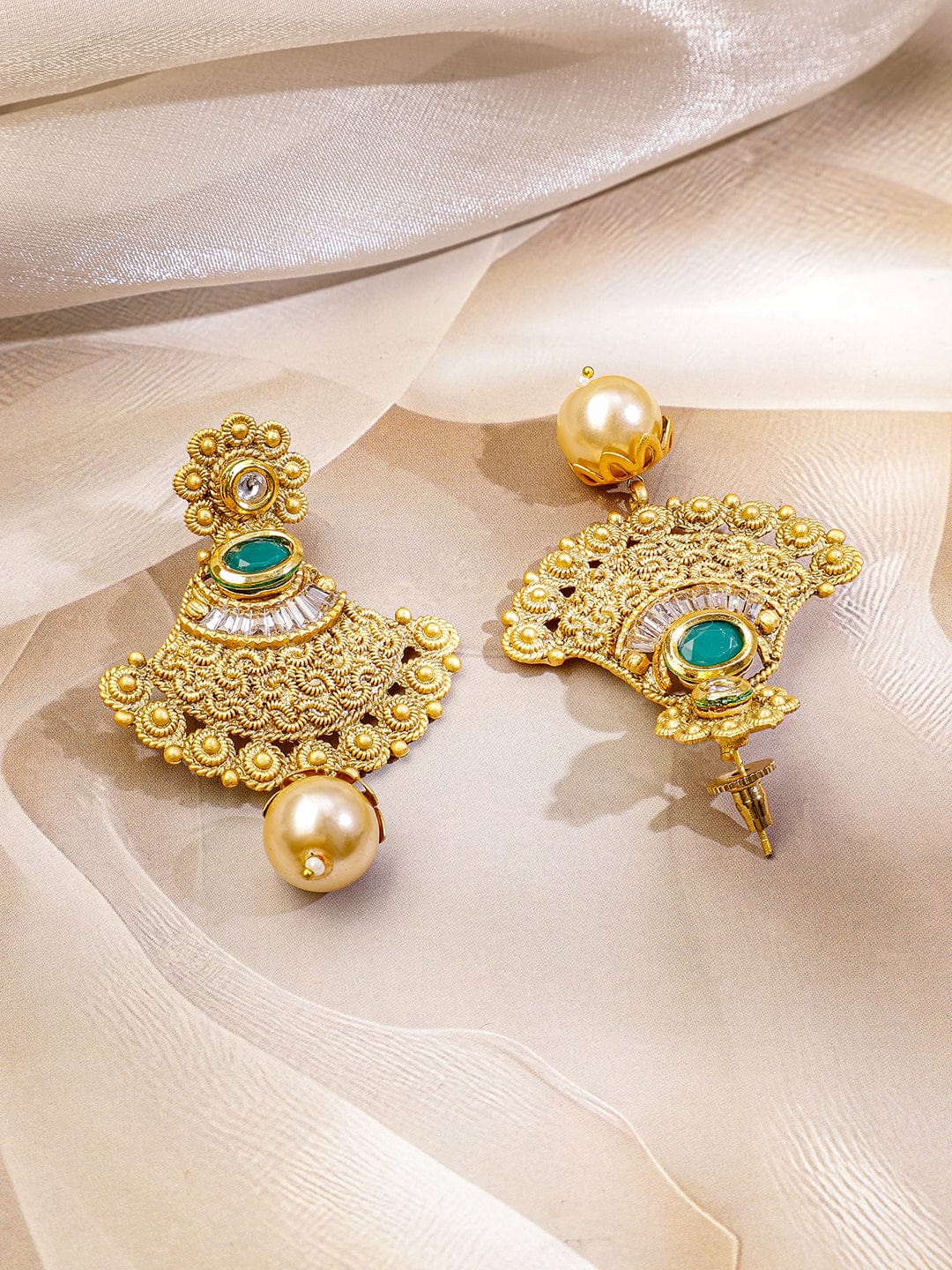 Rubans 22K Gold-Plated Emerald Green Stone Studded Traditional Temple Long Necklace Set for Women