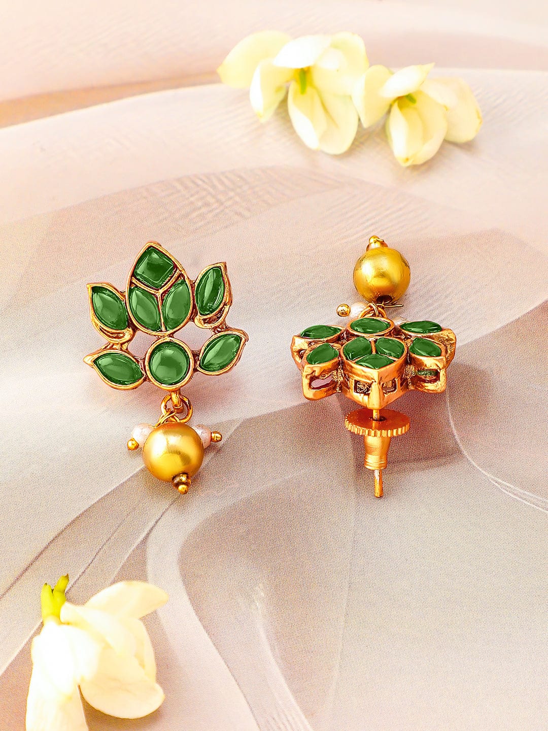 Rubans 22K Gold Plated Emerald Green Studded Layered Lotus Motif Necklace Set