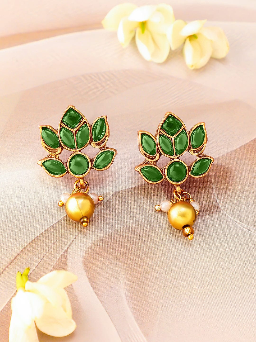 Rubans 22K Gold Plated Emerald Green Studded Layered Lotus Motif Necklace Set