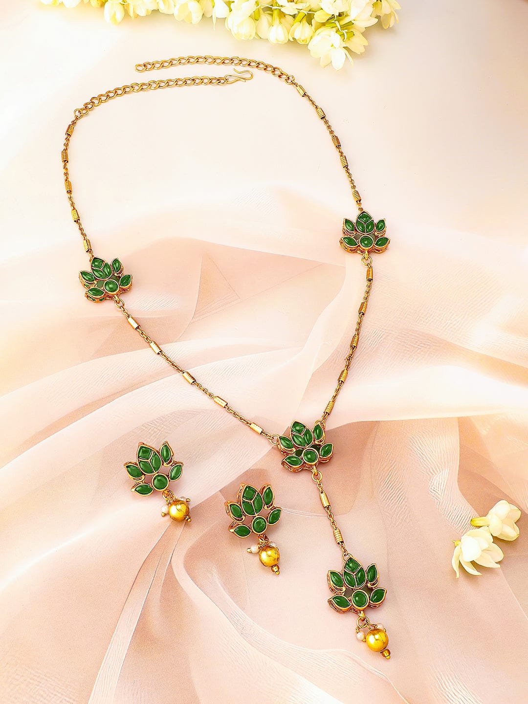 Rubans 22K Gold Plated Emerald Green Studded Layered Lotus Motif Necklace Set