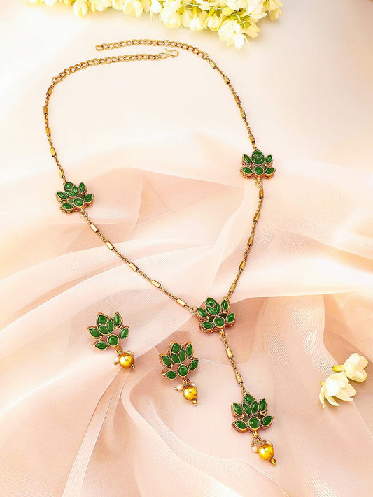 Rubans 22K Gold Plated Emerald Green Studded Layered Lotus Motif Necklace Set