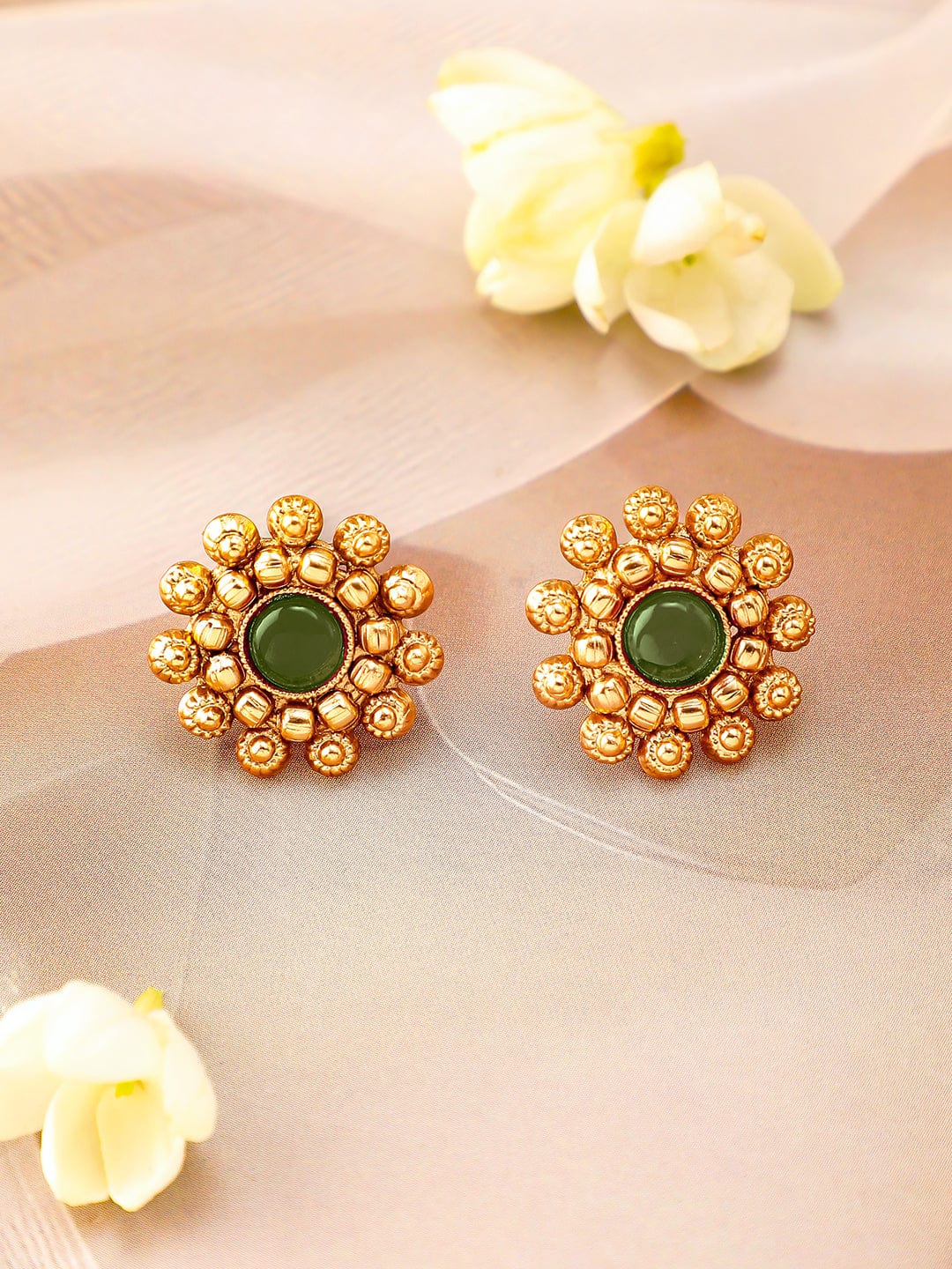 Rubans 22K Gold-Plated Emerald Green Studded Traditional Choker Necklace Set with Gold Beads