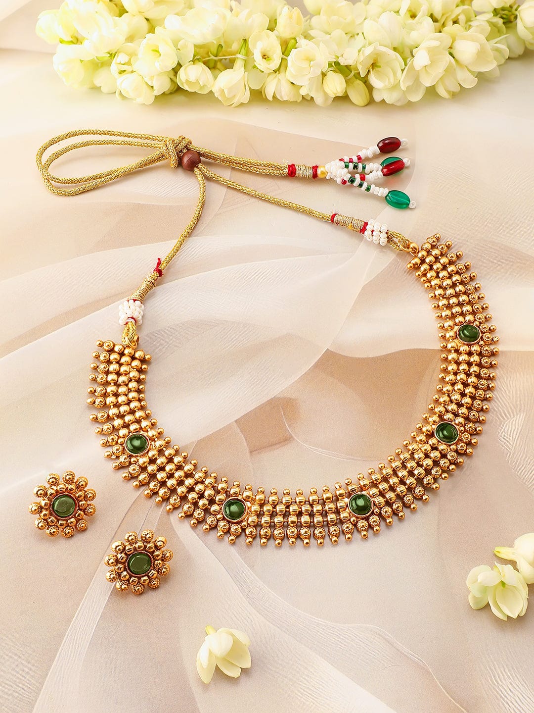 Rubans 22K Gold-Plated Emerald Green Studded Traditional Choker Necklace Set with Gold Beads