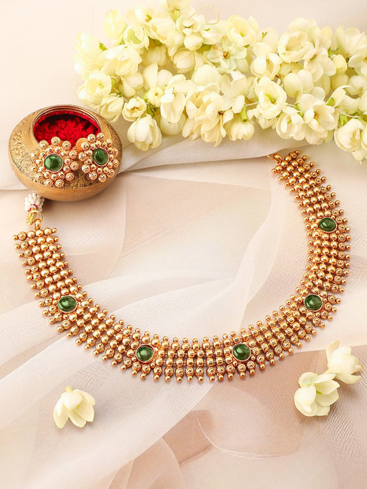 Rubans 22K Gold-Plated Emerald Green Studded Traditional Choker Necklace Set with Gold Beads