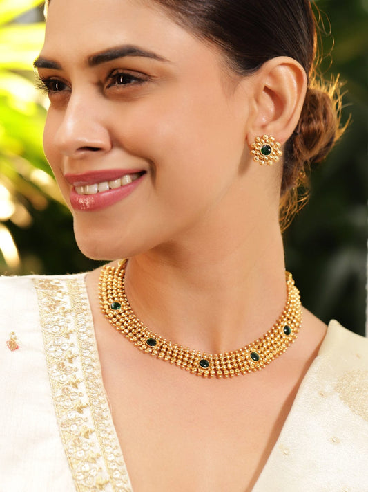 Rubans 22K Gold-Plated Emerald Green Studded Traditional Choker Necklace Set with Gold Beads