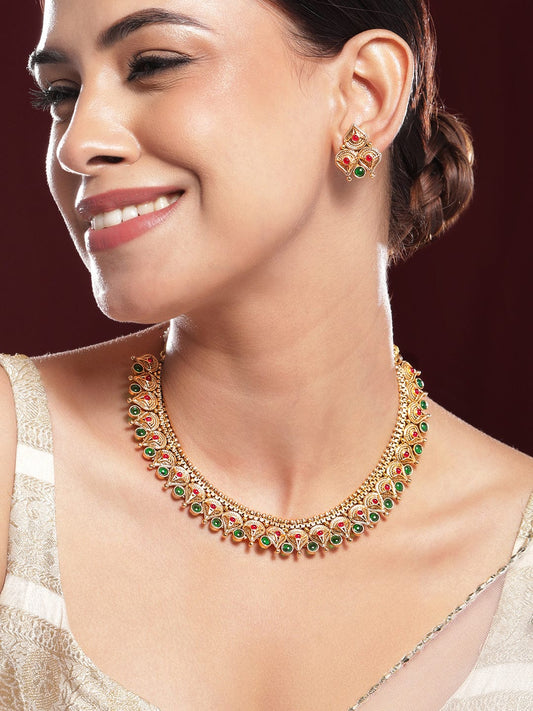 Rubans 22k Gold-Plated Emerald Kundan-Studded & Beaded Necklace Set