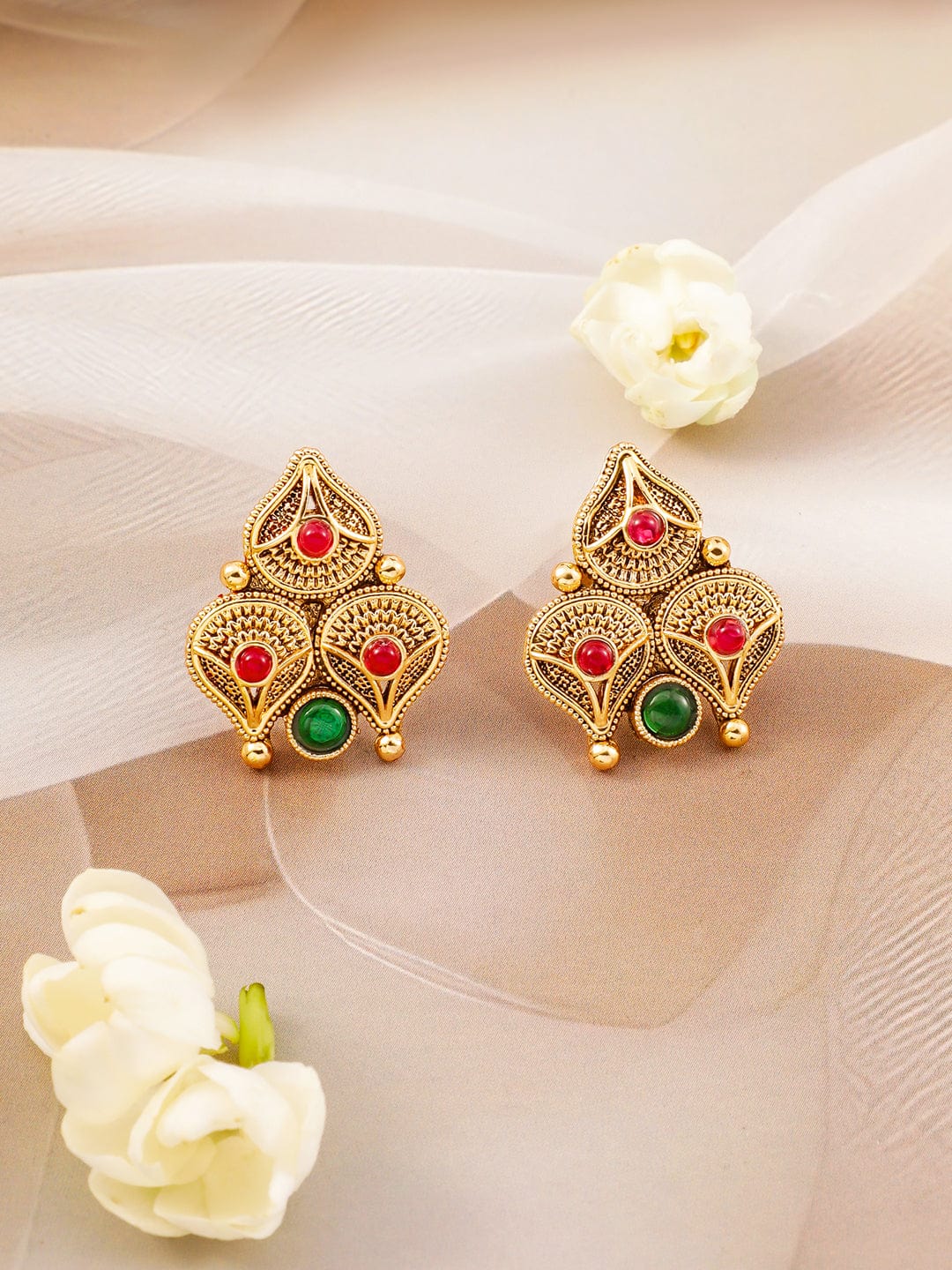 Rubans 22k Gold-Plated Emerald Kundan-Studded & Beaded Necklace Set