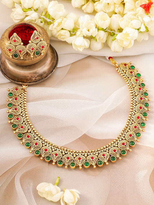 Rubans 22k Gold-Plated Emerald Kundan-Studded & Beaded Necklace Set