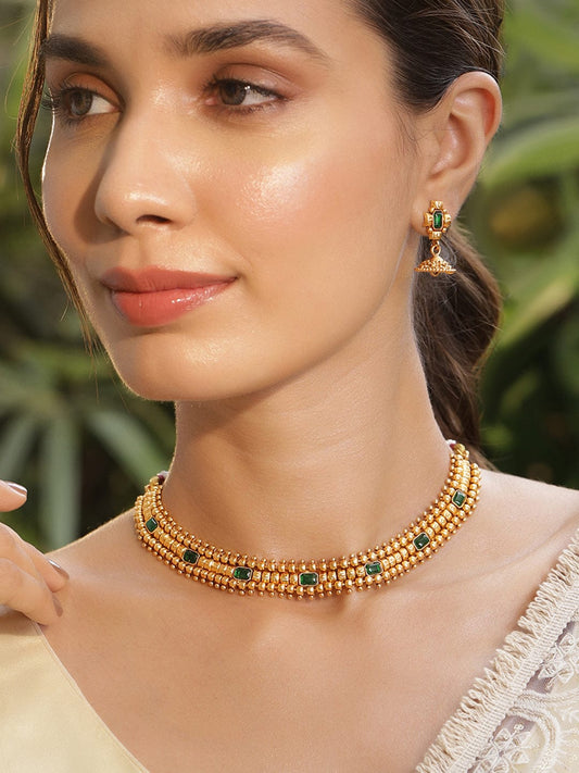 Rubans 22K Gold-Plated Emerald Stone Studded Necklace Set with Gold Beads and Pearl Drops