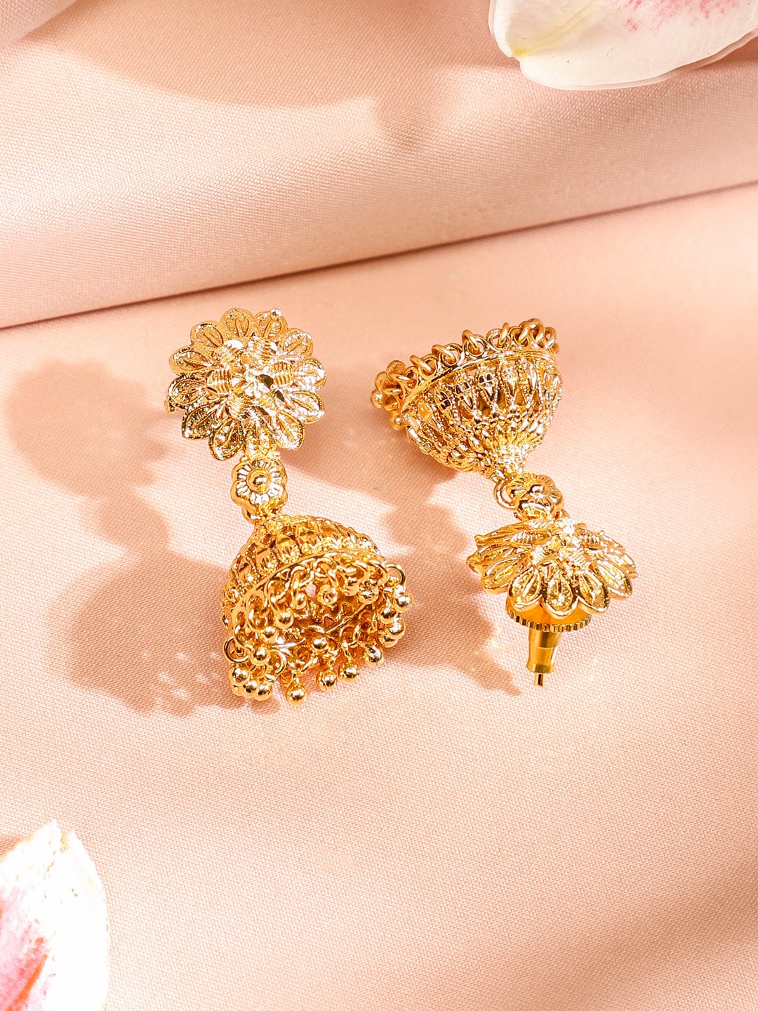 Rubans 22K Gold-Plated Floral Design Necklace & Earrings Set with Golden Beaded Detailing for Women