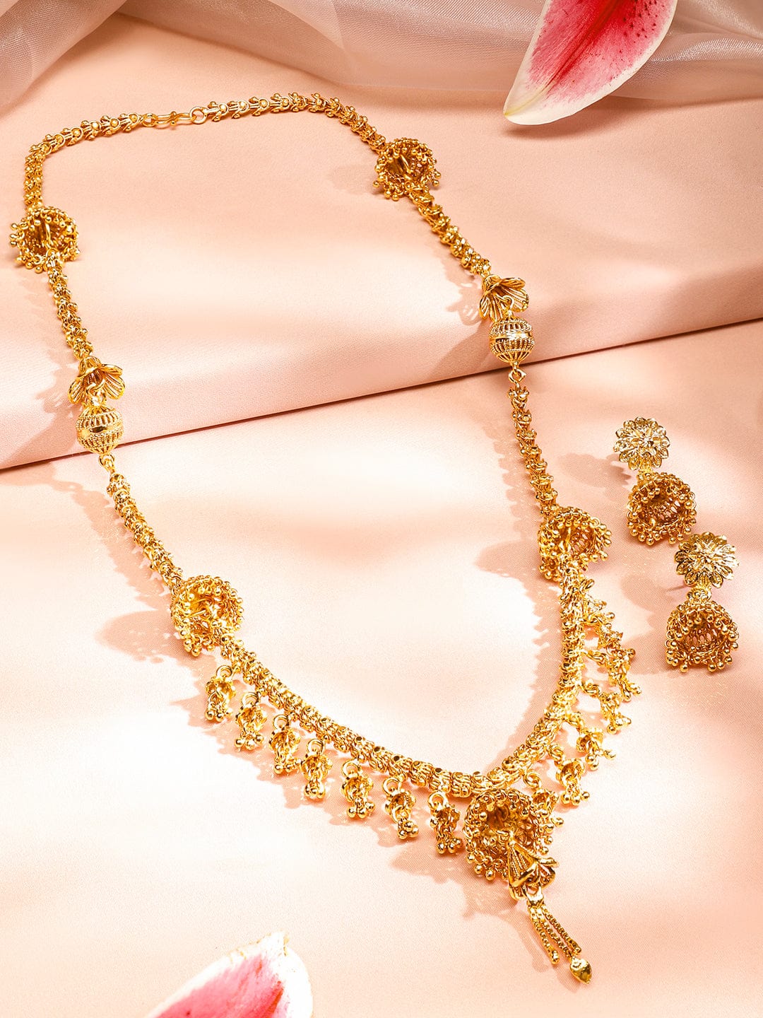Rubans 22K Gold-Plated Floral Design Necklace & Earrings Set with Golden Beaded Detailing for Women