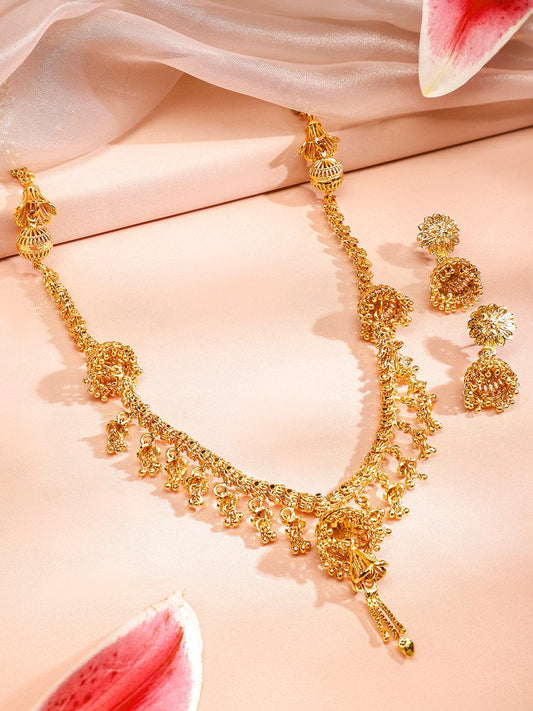 Rubans 22K Gold-Plated Floral Design Necklace & Earrings Set with Golden Beaded Detailing for Women
