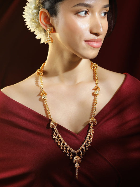Rubans 22K Gold-Plated Floral Design Necklace & Earrings Set with Golden Beaded Detailing for Women