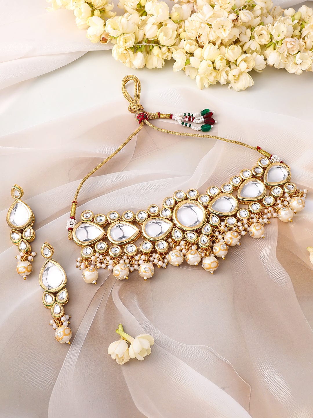 Rubans 22K Gold-Plated Glossy Pearl Beaded Kundan Handcrafted Choker Necklace Set