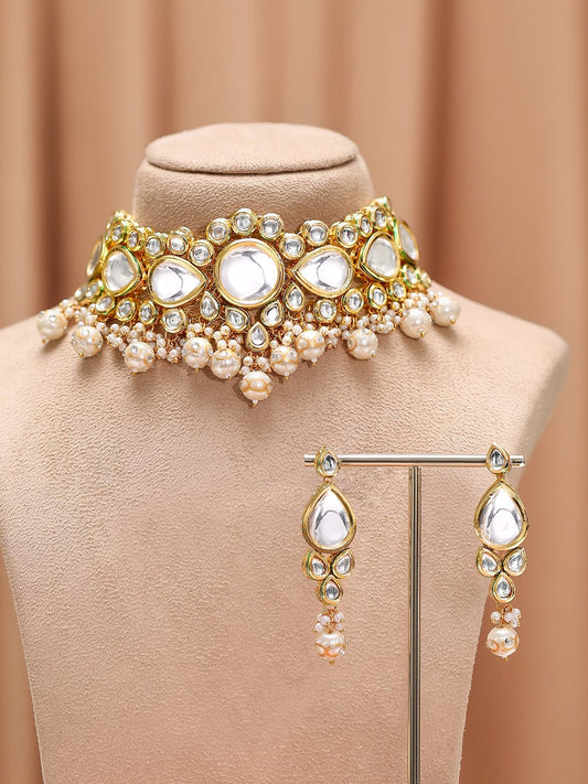 Rubans 22K Gold-Plated Glossy Pearl Beaded Kundan Handcrafted Choker Necklace Set