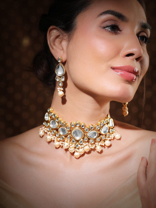 Rubans 22K Gold-Plated Glossy Pearl Beaded Kundan Handcrafted Choker Necklace Set