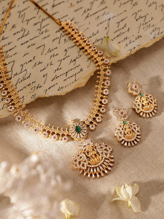 Rubans 22K Gold-Plated Goddess Motif Kemp & Zirconia Crystal Studded Pearl Beaded Handcrafted Necklace Set