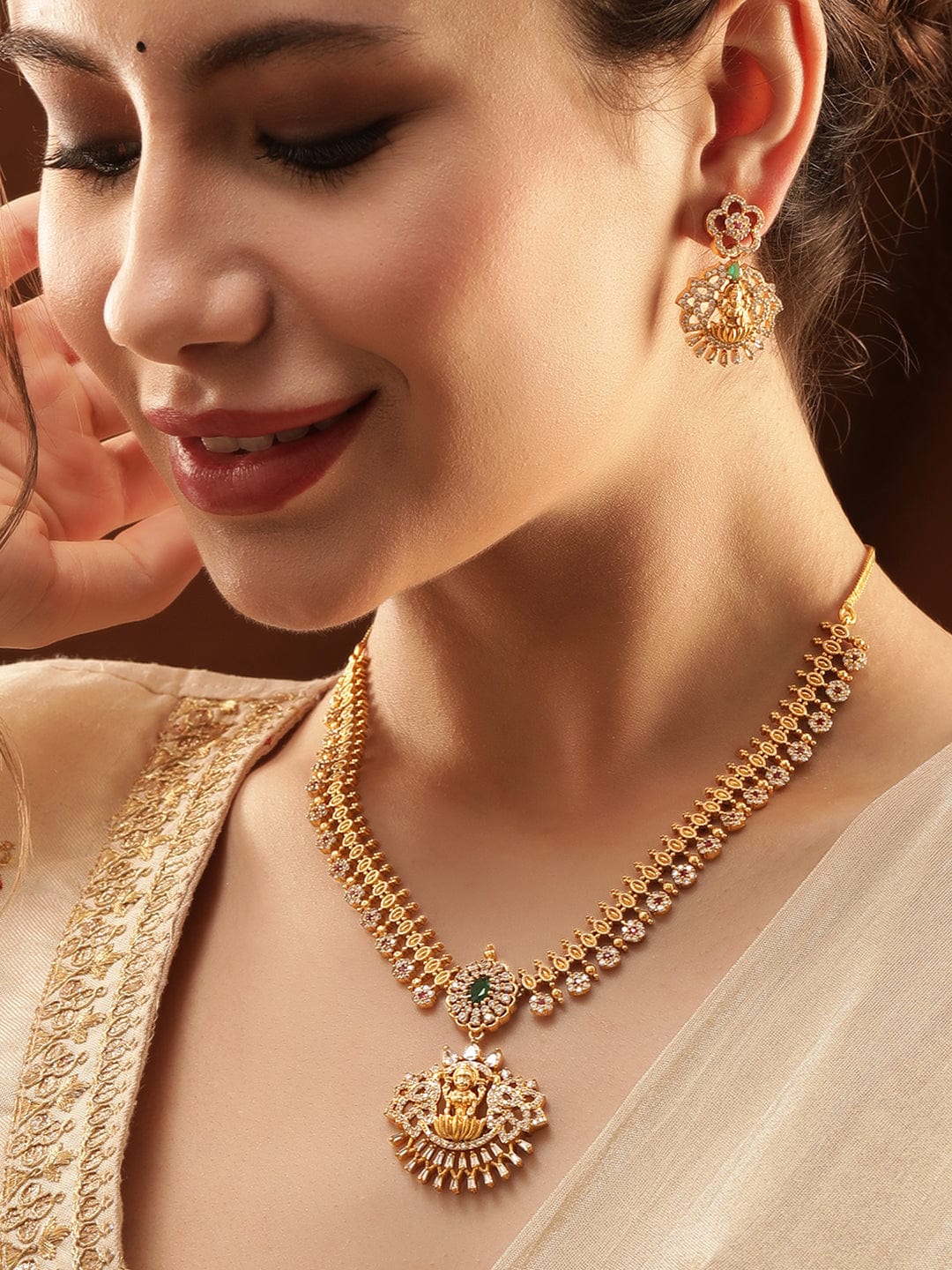 Rubans 22K Gold-Plated Goddess Motif Kemp & Zirconia Crystal Studded Pearl Beaded Handcrafted Necklace Set