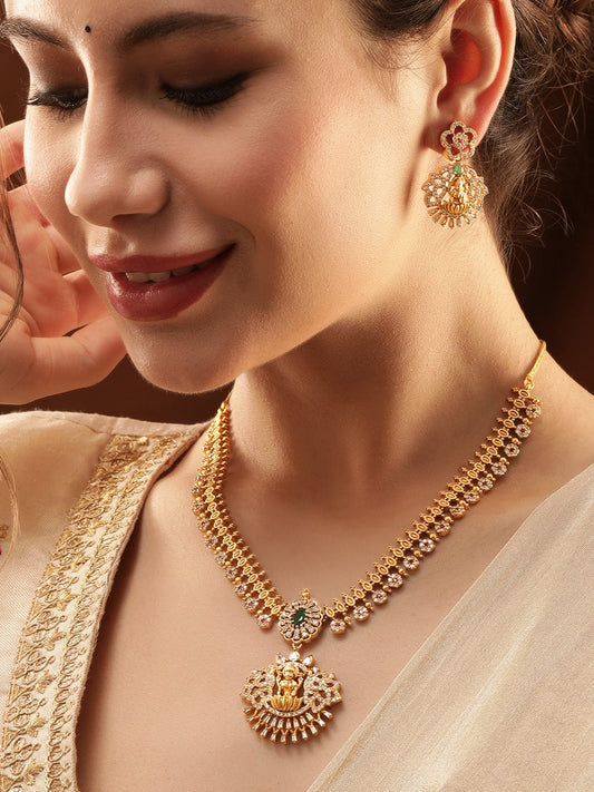 Rubans 22K Gold-Plated Goddess Motif Kemp & Zirconia Crystal Studded Pearl Beaded Handcrafted Necklace Set