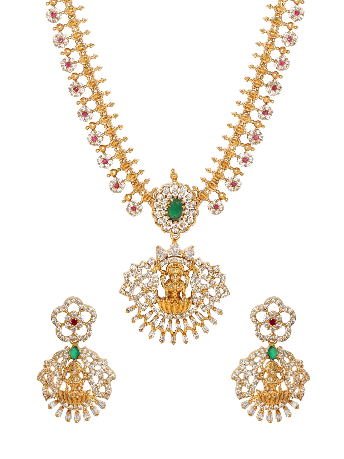 Rubans 22K Gold-Plated Goddess Motif Kemp & Zirconia Crystal Studded Pearl Beaded Handcrafted Necklace Set