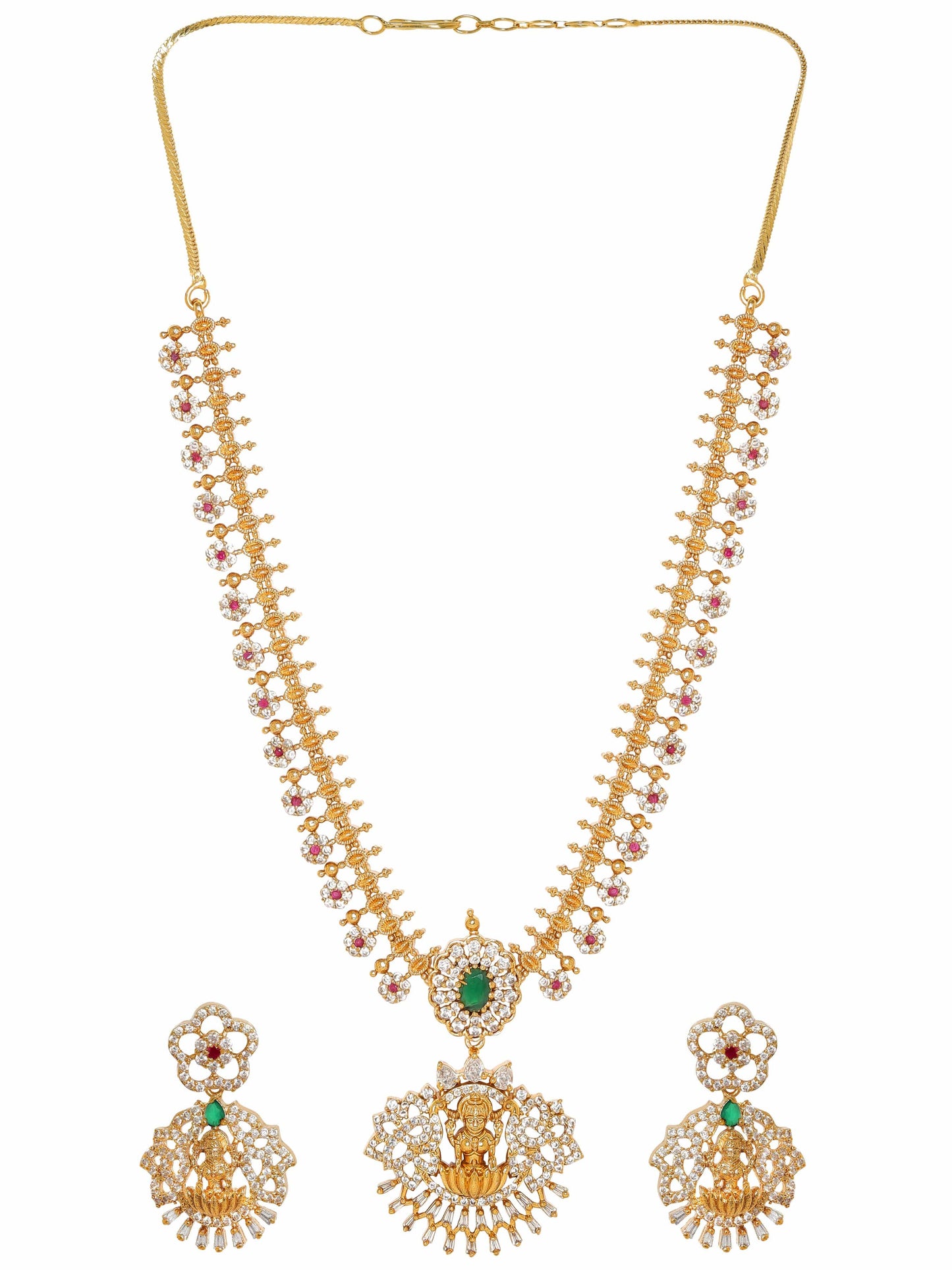 Rubans 22K Gold-Plated Goddess Motif Kemp & Zirconia Crystal Studded Pearl Beaded Handcrafted Necklace Set