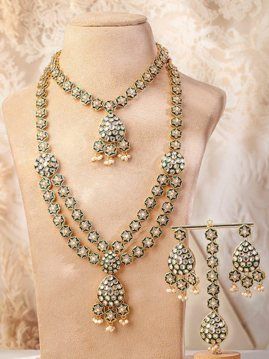 Rubans 22K Gold-Plated Green Enamel Kundan Studded Double-Layered Bridal Necklace Set with Pearl Drops