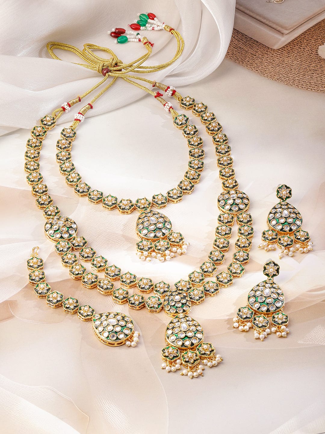 Rubans 22K Gold-Plated Green Enamel Kundan Studded Double-Layered Bridal Necklace Set with Pearl Drops