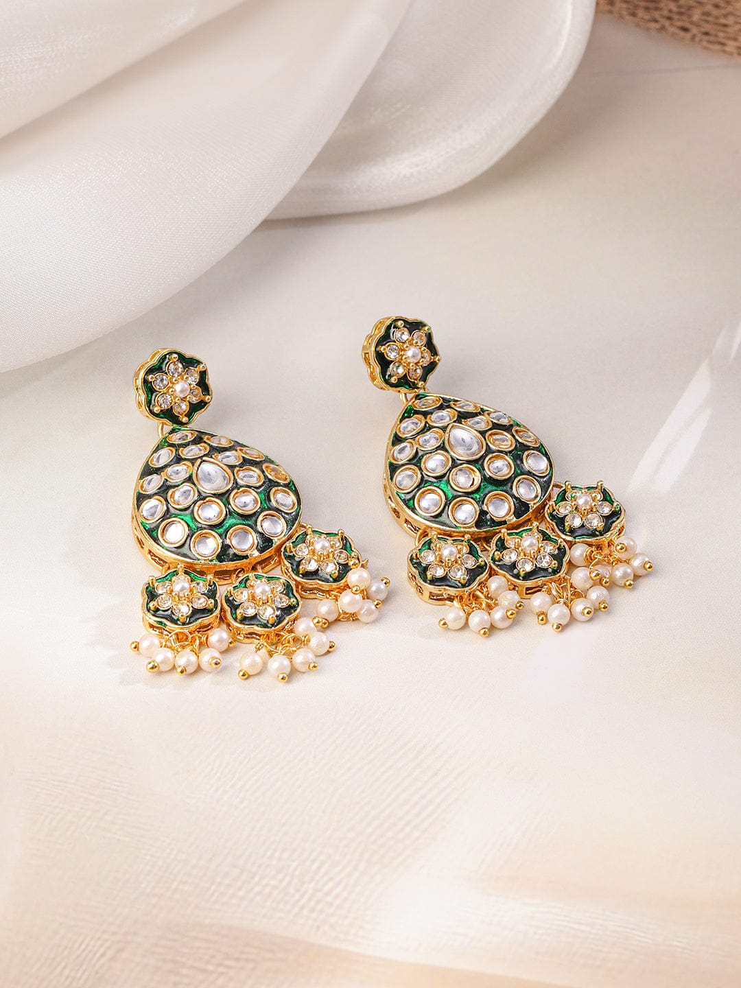 Rubans 22K Gold-Plated Green Enamel Kundan Studded Double-Layered Bridal Necklace Set with Pearl Drops
