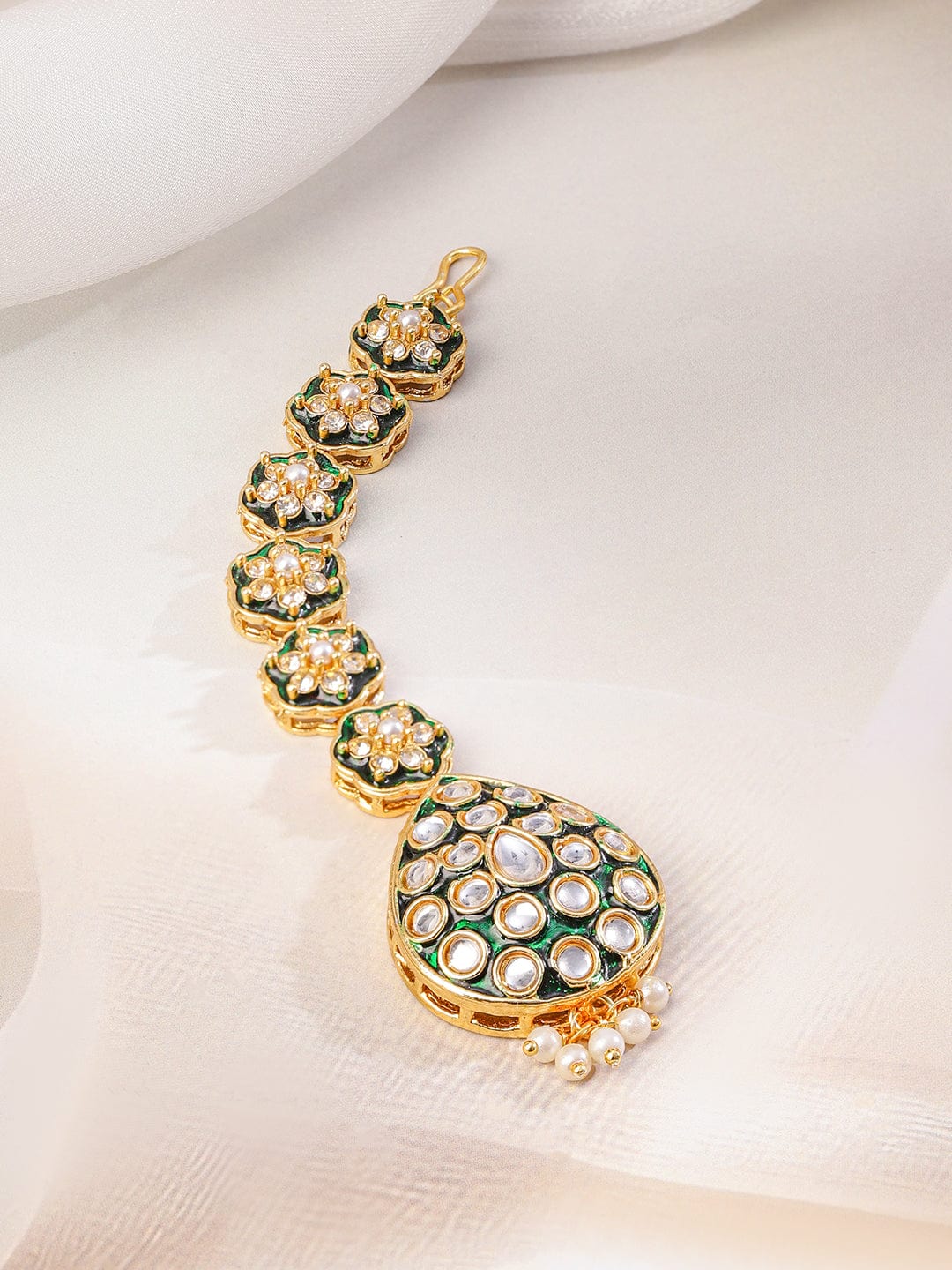 Rubans 22K Gold-Plated Green Enamel Kundan Studded Double-Layered Bridal Necklace Set with Pearl Drops