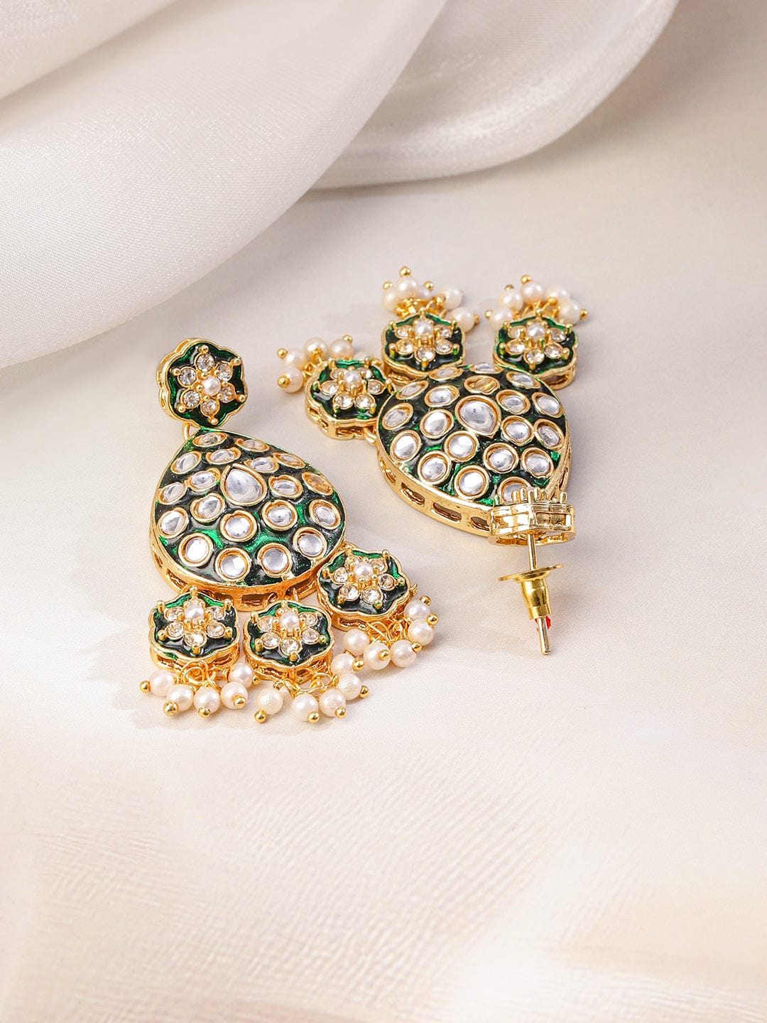 Rubans 22K Gold-Plated Green Enamel Kundan Studded Double-Layered Bridal Necklace Set with Pearl Drops