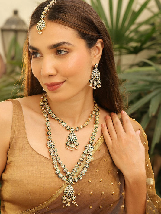 Rubans 22K Gold-Plated Green Enamel Kundan Studded Double-Layered Bridal Necklace Set with Pearl Drops
