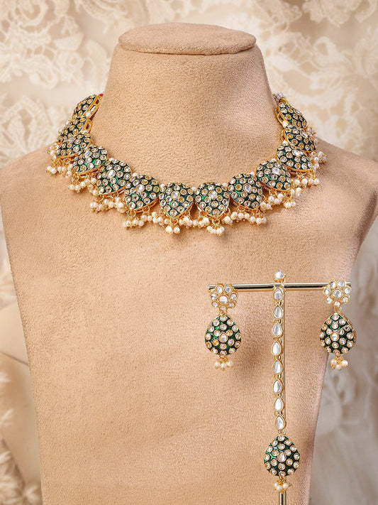 Rubans 22K Gold-Plated Green Enamel Kundan Studded Necklace Set with Pearl Beaded Drops