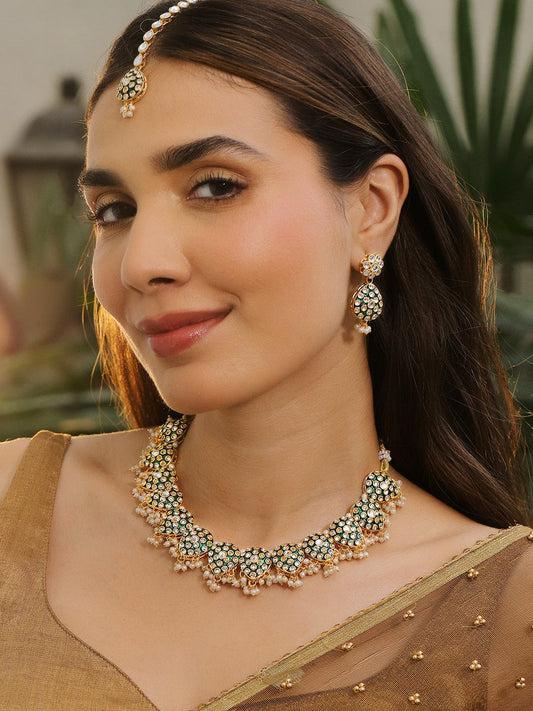 Rubans 22K Gold-Plated Green Enamel Kundan Studded Necklace Set with Pearl Beaded Drops