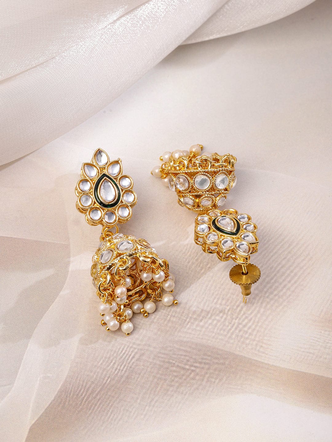 Rubans 22K Gold-Plated Green Enamel Kundan Studded Necklace Set with Pearl Beaded Drops