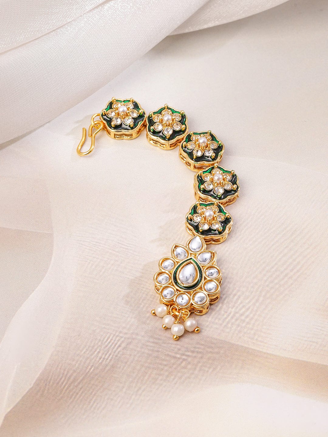 Rubans 22K Gold-Plated Green Enamel Kundan Studded Necklace Set with Pearl Beaded Drops