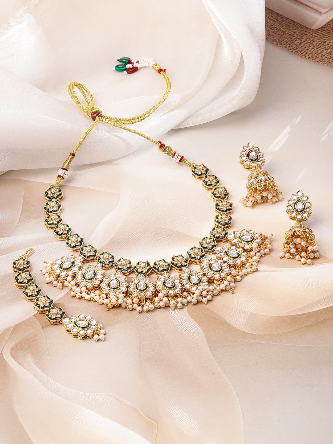 Rubans 22K Gold-Plated Green Enamel Kundan Studded Necklace Set with Pearl Beaded Drops