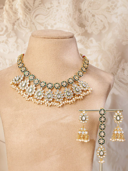 Rubans 22K Gold-Plated Green Enamel Kundan Studded Necklace Set with Pearl Beaded Drops