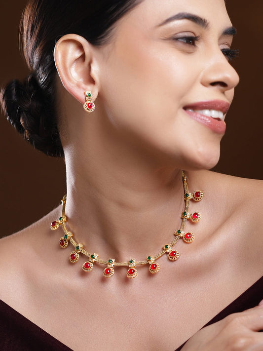 Rubans 22K Gold-Plated Green & Ruby Red Stone Studded Traditional Necklace Set with Textured Drop Accents