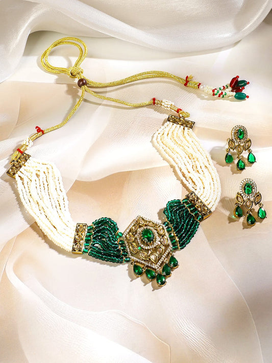 Rubans 22K Gold-Plated Handcrafted Choker Necklace Set with Emerald Green Cubic Zirconia & Off-White Beads