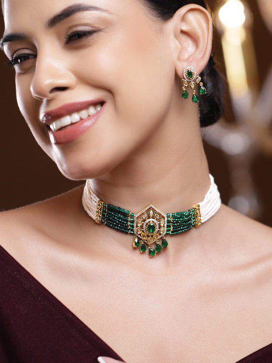 Rubans 22K Gold-Plated Handcrafted Choker Necklace Set with Emerald Green Cubic Zirconia & Off-White Beads