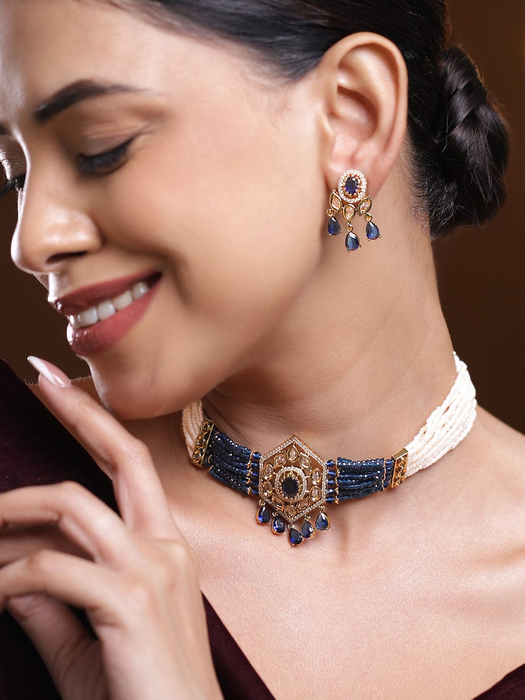 Rubans 22K Gold-Plated Handcrafted Choker Necklace Set with Navy Blue Cubic Zirconia & Off-White Beads